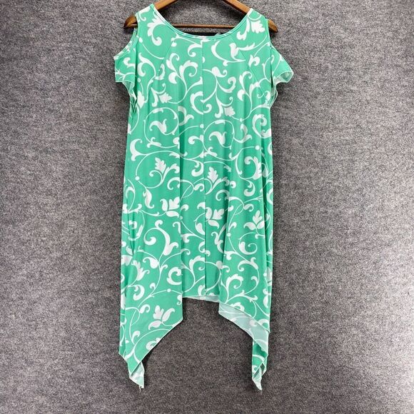 5/$45 Bella Berry Dress Women L Large Green Floral Shift Short Cold Shoulder - Picture 2 of 9